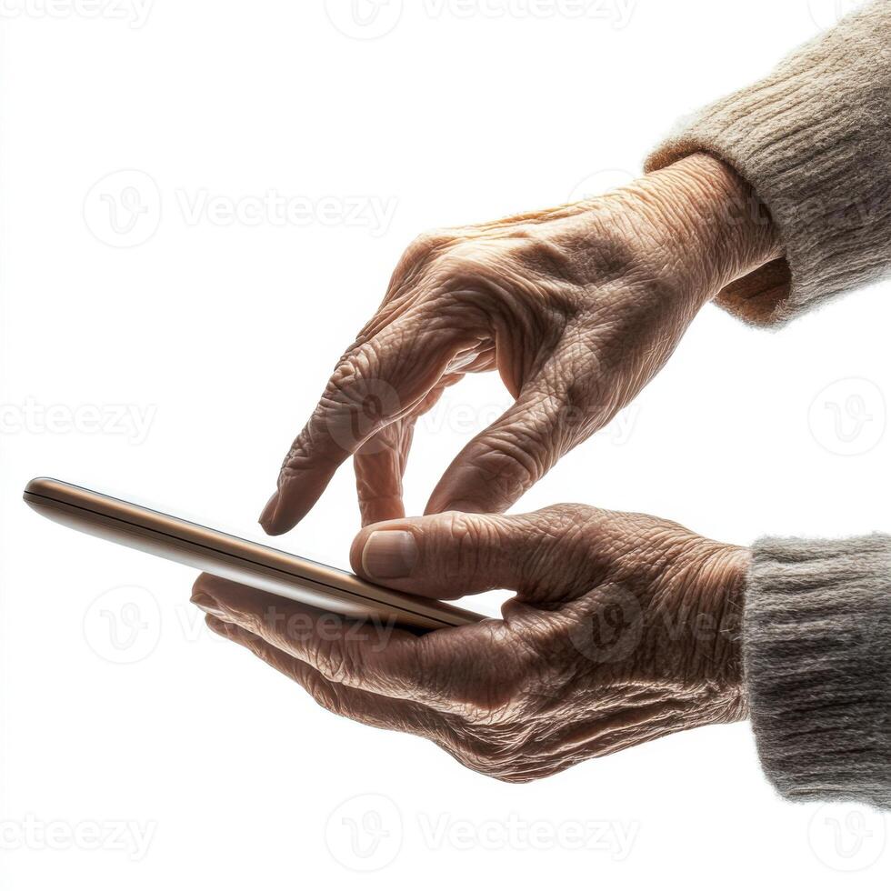 Elderly hands using a smartphone to stay connected in a modern world photo