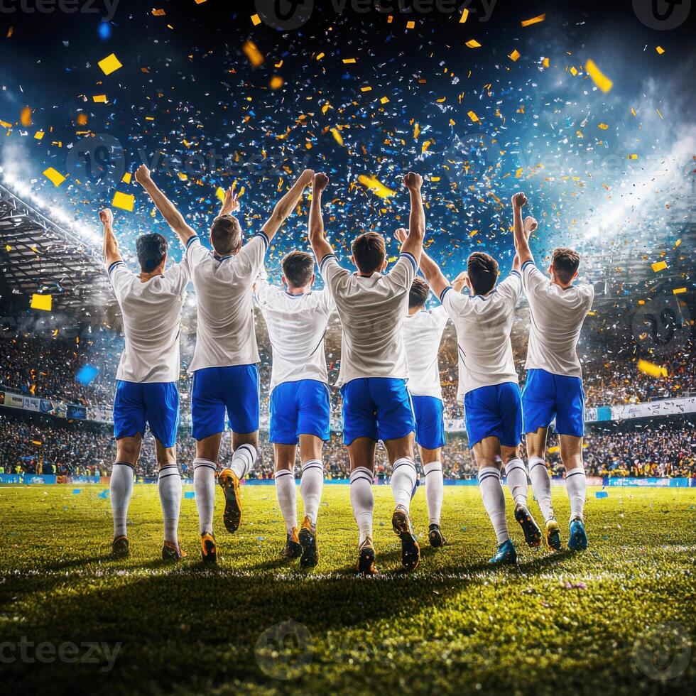 Team celebrates victory with fans in stadium during evening match photo