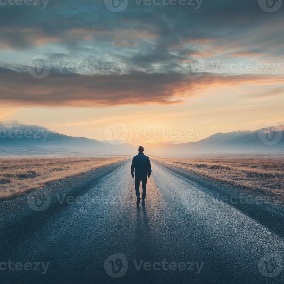 Solitary figure walking down a quiet road at sunset with mountains in the distance photo