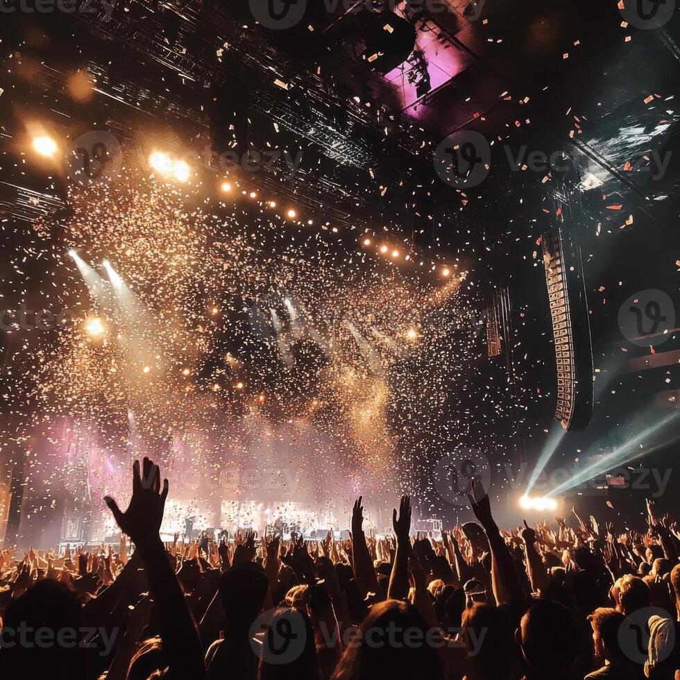 Festive concert atmosphere with cheering crowd and colorful confetti falling from the stage in the evening photo
