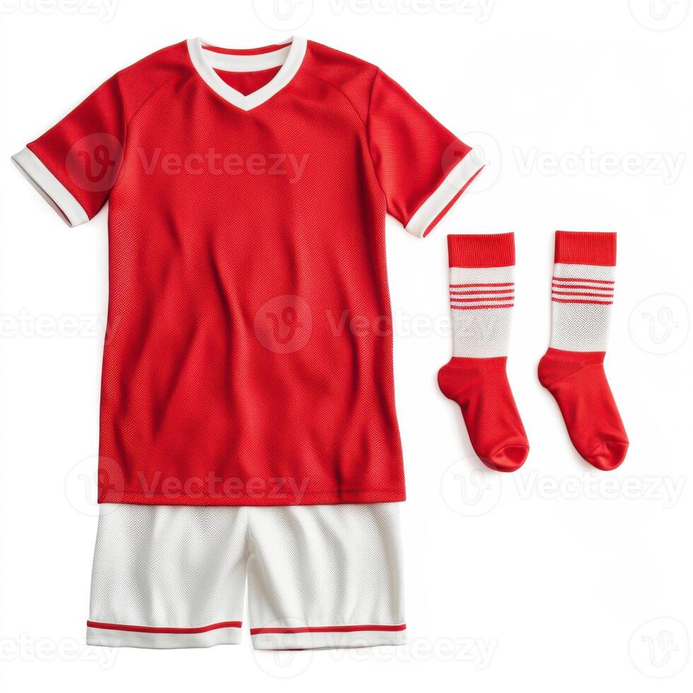 Youth soccer uniform in red and white with matching socks laid out on a white background photo