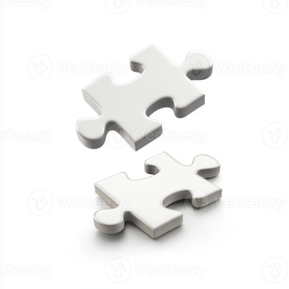 Two simple white puzzle pieces arranged apart on a light background for creative thoughts and problem solving photo