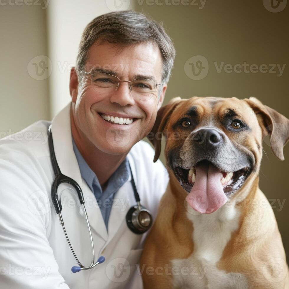 Smiling veterinarian poses with happy dog in clinic setting during a routine check-up photo