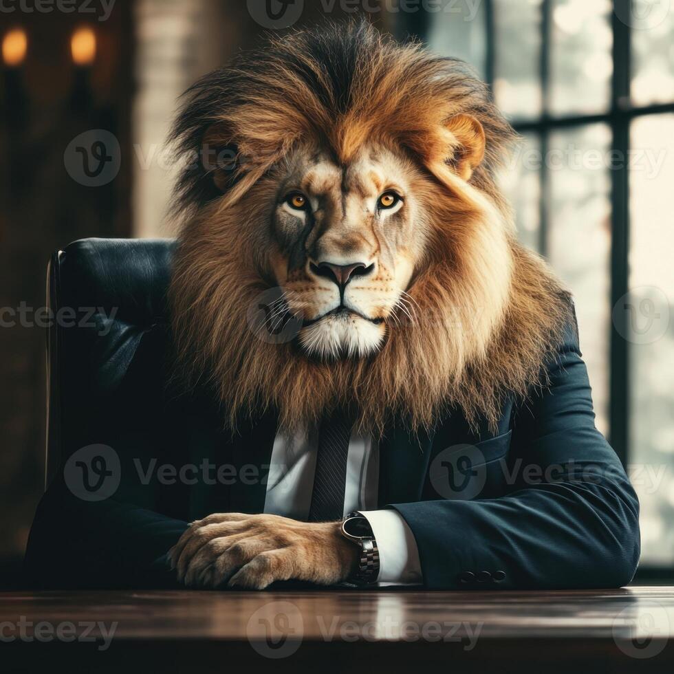 Business meeting featuring a suited lion with a strong presence in a modern office setting photo