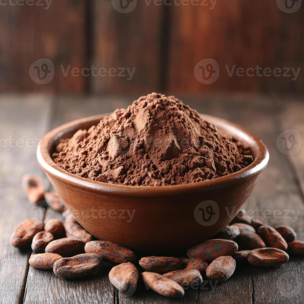 Rich cocoa powder in a wooden bowl surrounded by cacao beans on a rustic wooden surface photo