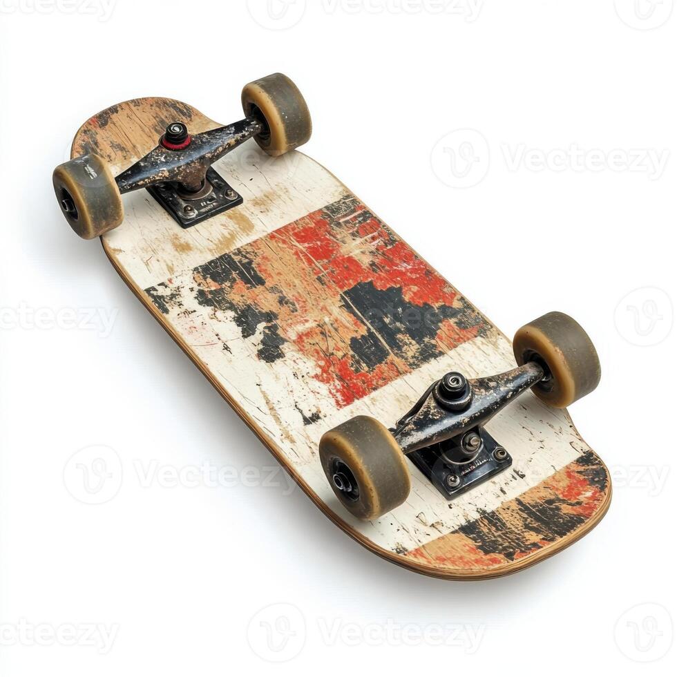 Vintage skateboard with worn deck and rusty trucks, perfect for collectors and enthusiasts photo