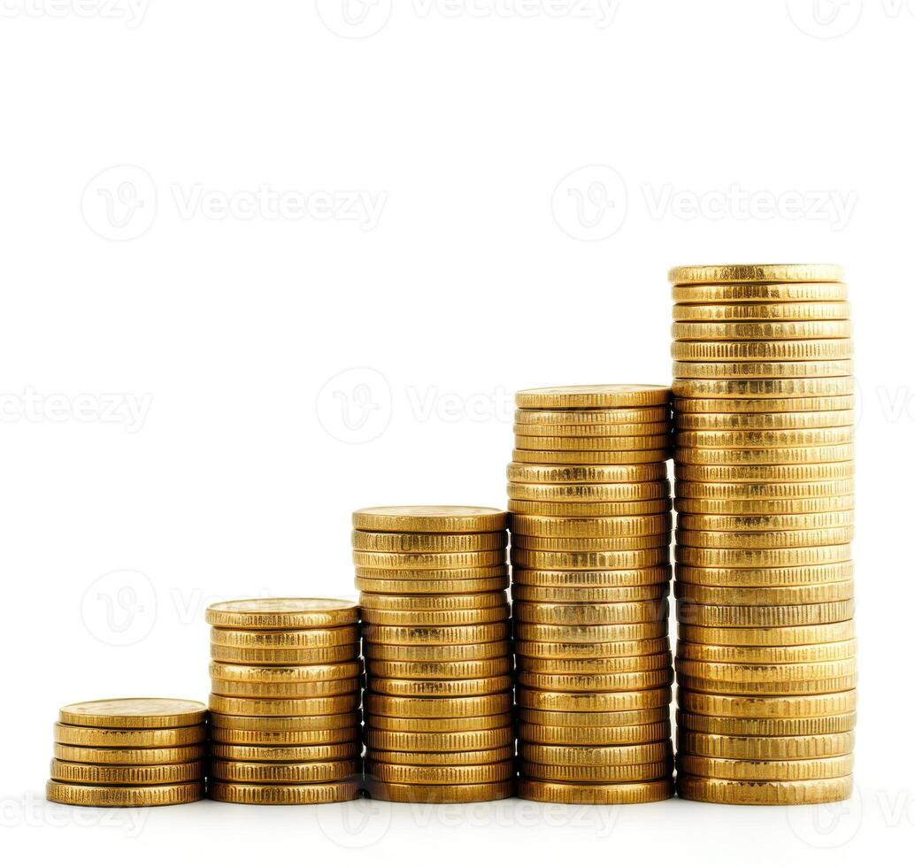 Stacked gold coins showing financial growth and investment over time in a minimalist style with white background photo