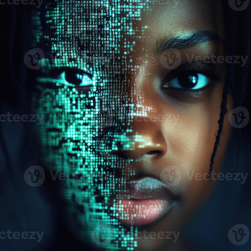 Merging technology with identity as a young girl explores digital transformation through binary code photo