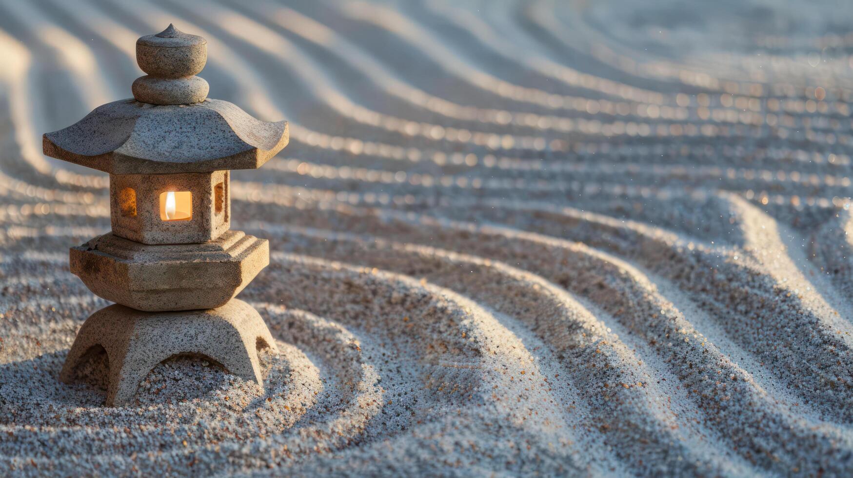 A serene stone lantern illuminates tranquil sand garden, creating peaceful atmosphere photo