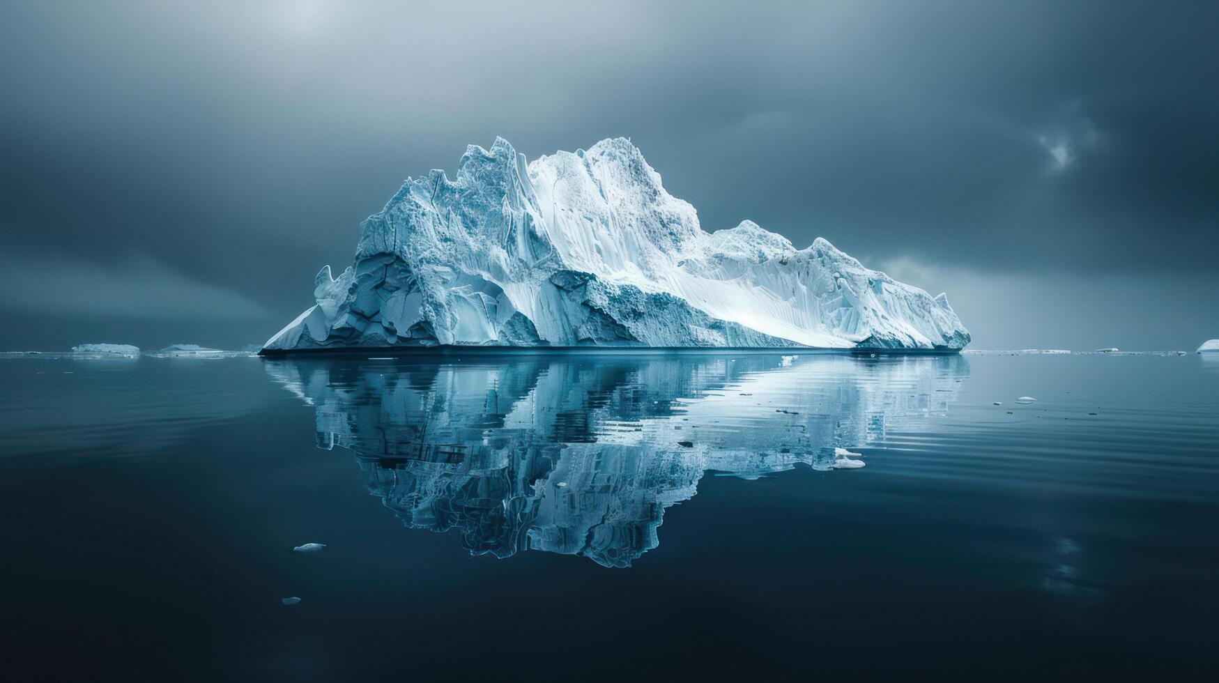 Majestic iceberg reflecting in calm waters under moody sky photo