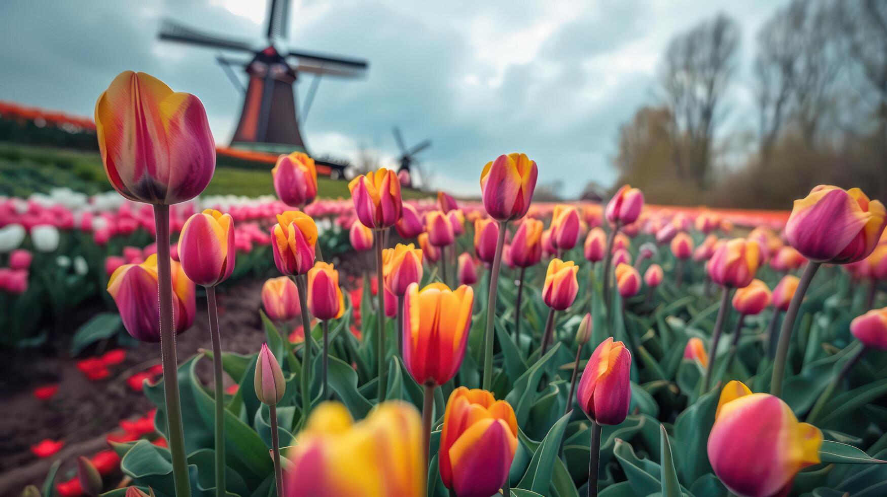 Vibrant tulips bloom in colorful field with windmills in background photo