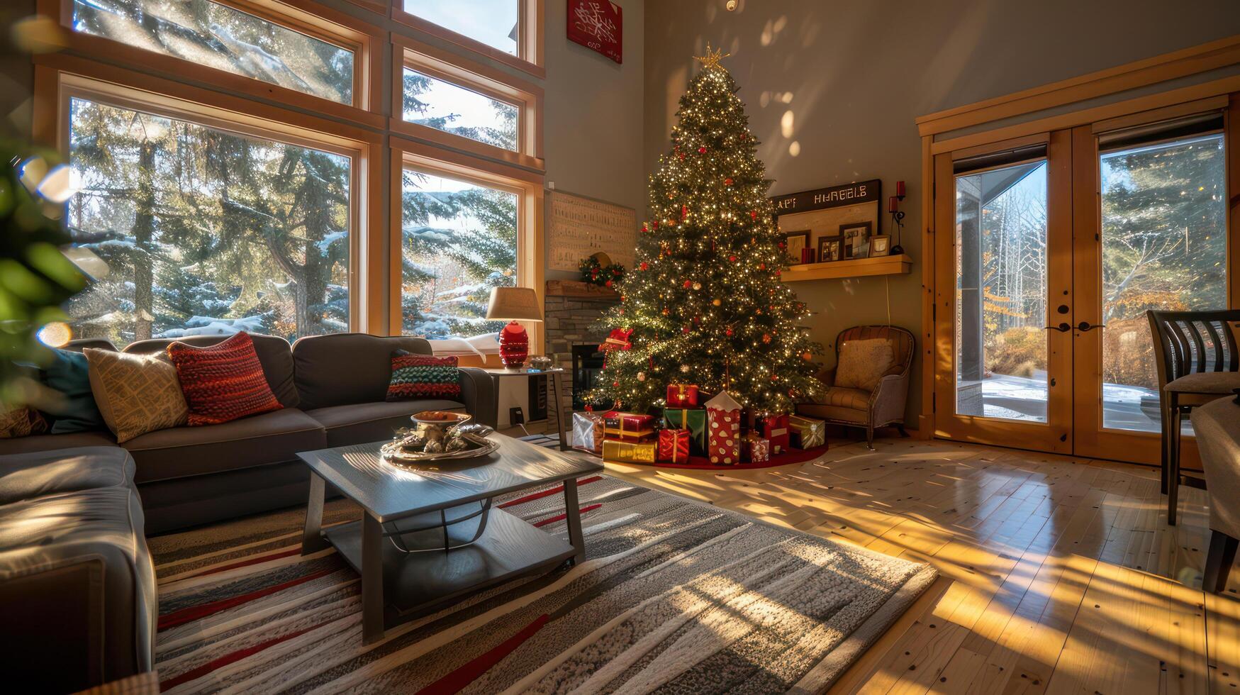 Cozy living room with Christmas tree, presents, and warm sunlight photo