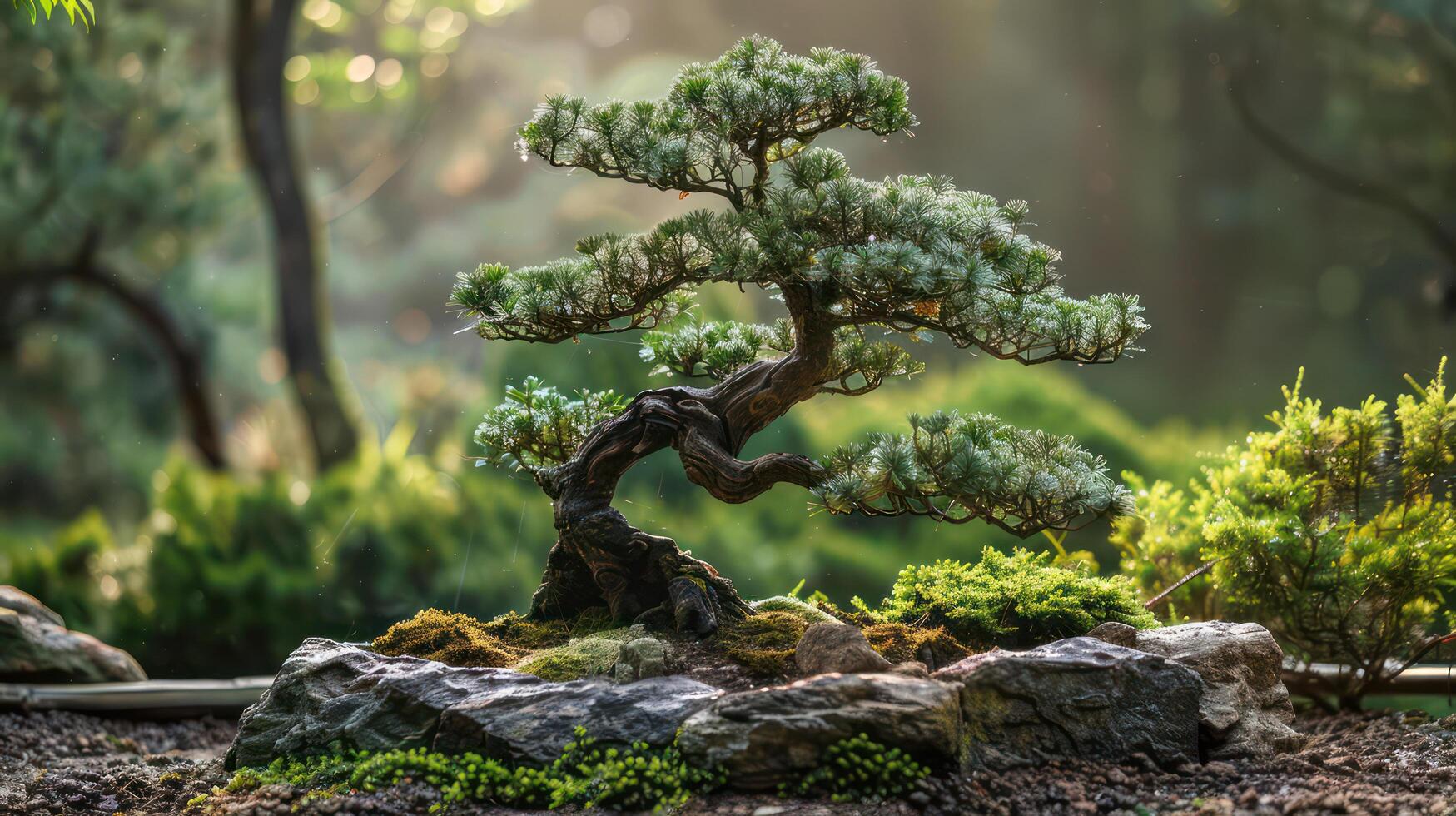 A beautiful bonsai tree surrounded by lush greenery and rocks, radiating tranquility photo