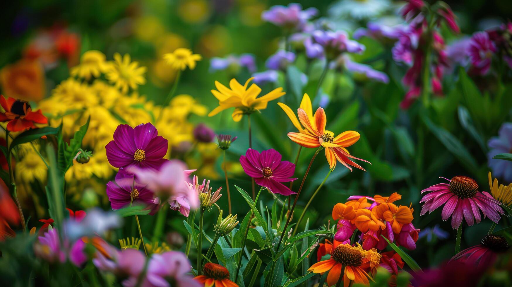 Vibrant flowers in colorful garden create cheerful atmosphere photo