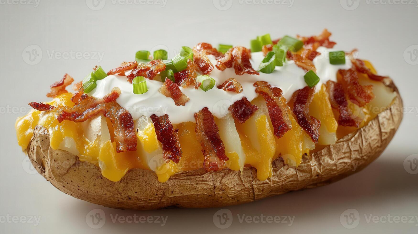Baked Potato Topped With Bacon Cheese And Sour Cream photo