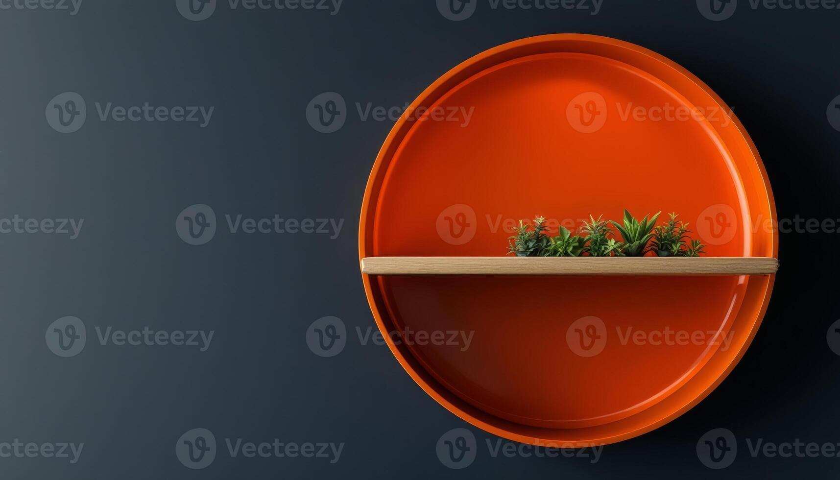 Circular Orange Wall Shelf with Wooden Accent and Small Green Plants against Dark Wall photo