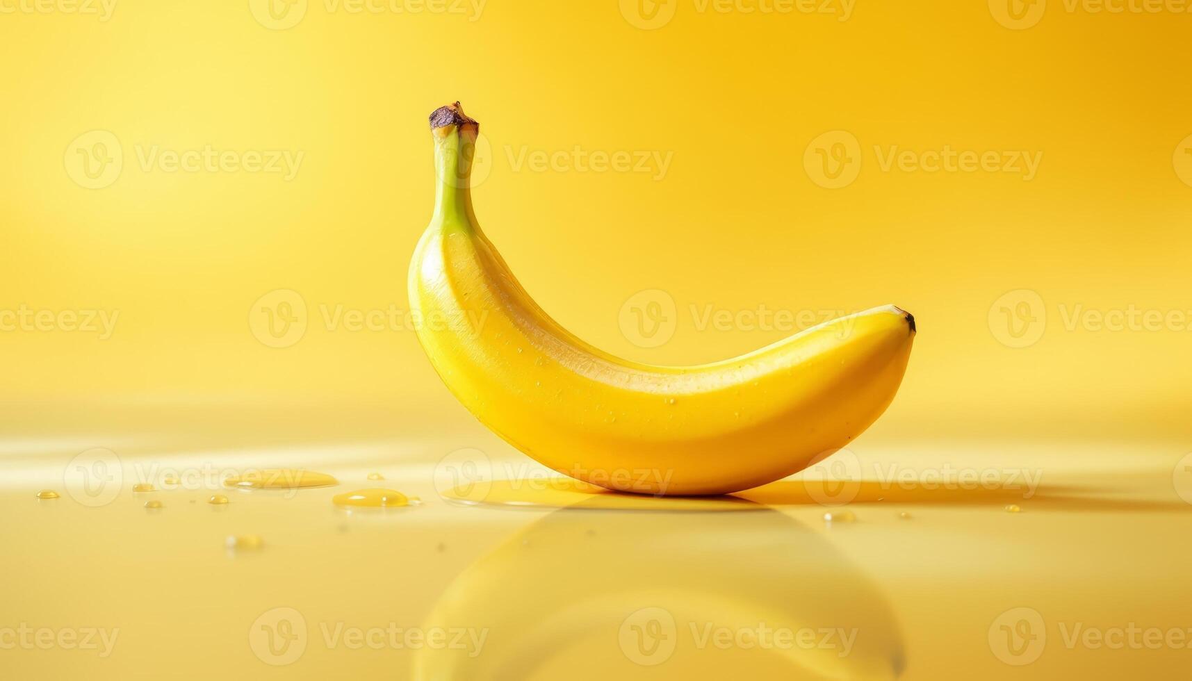 A Solo Banana on a Reflective Yellow Surface with Water Droplets and a Monochromatic Background photo