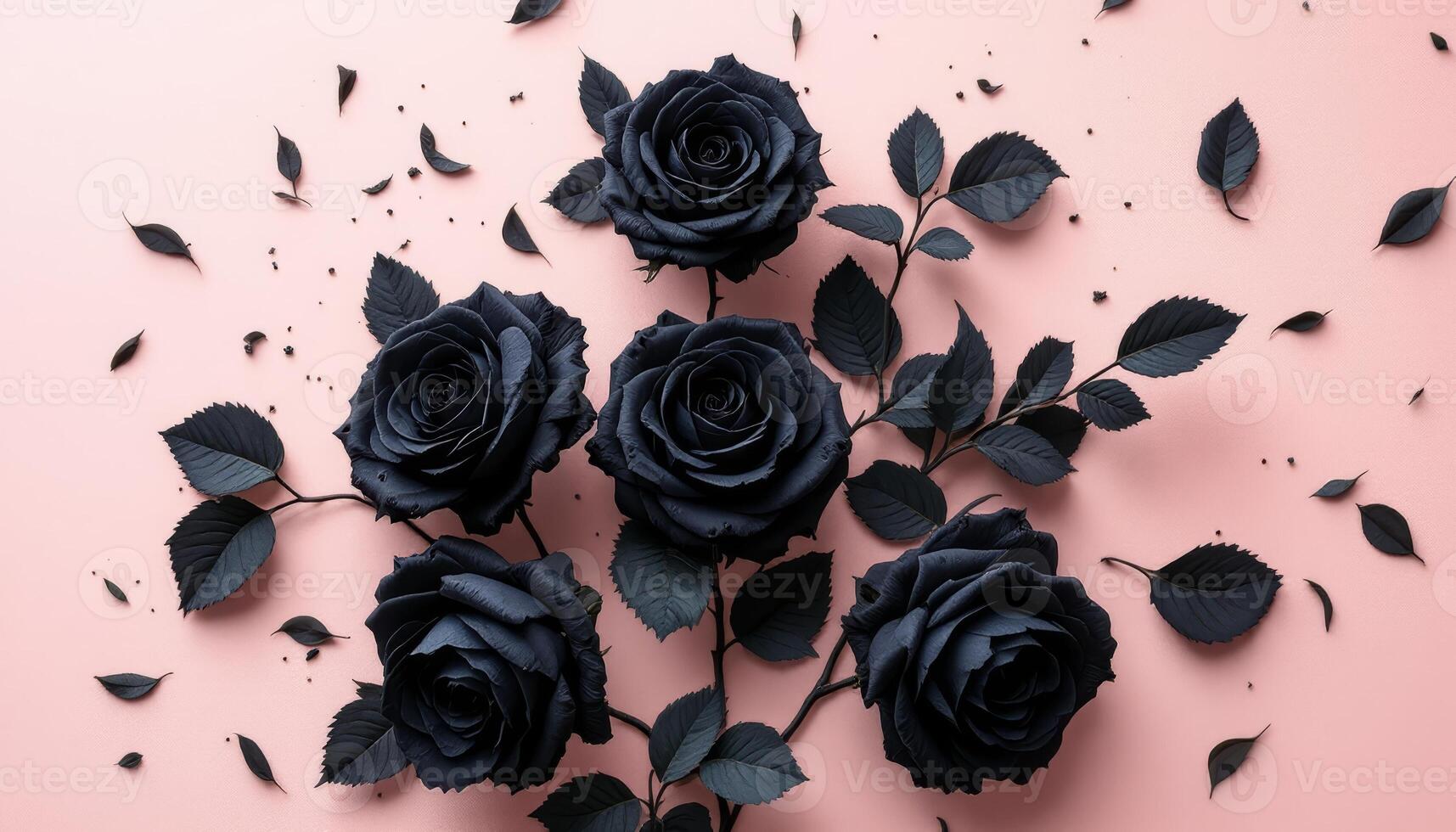 Elegant arrangement of black roses and leaves on a soft pink backdrop photo