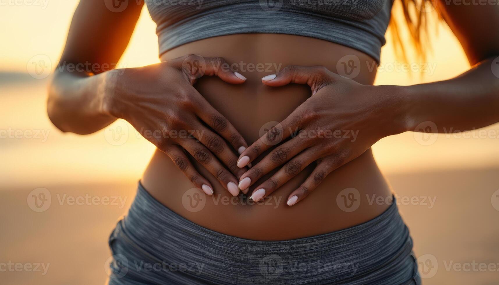 Heart Hands on Toned Abdomen Expressing Self Love and a Commitment to Wellness at Sunset photo