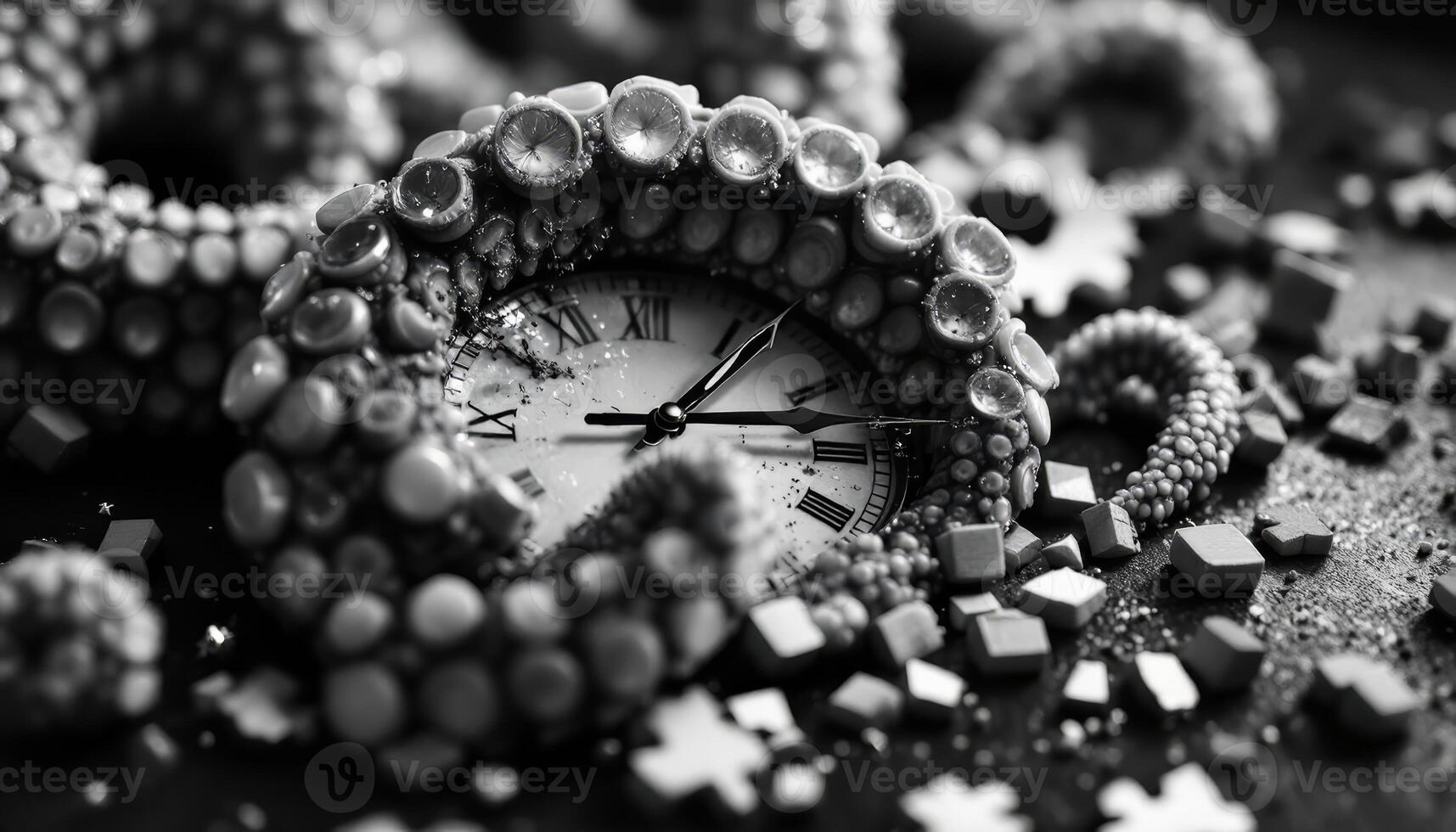 Octopus Grasping Time A Bizarre Symbiosis of Clockwork and Tentacles In Black And White photo