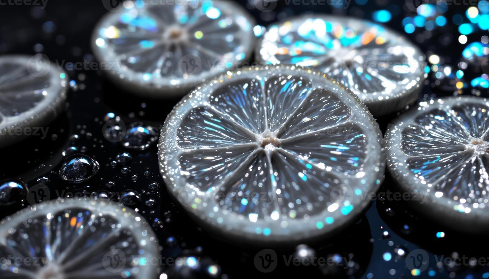 Shimmering Lemon Slices Reflecting Light on a Black Surface with Scattered Droplets photo