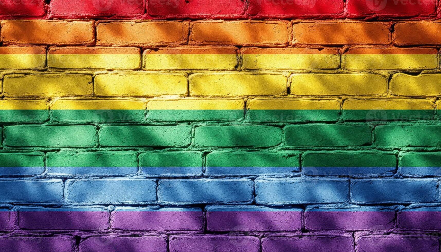 LGBT Pride Flag Painted on Brick Wall Symbolizing Support and Equality for the Community photo