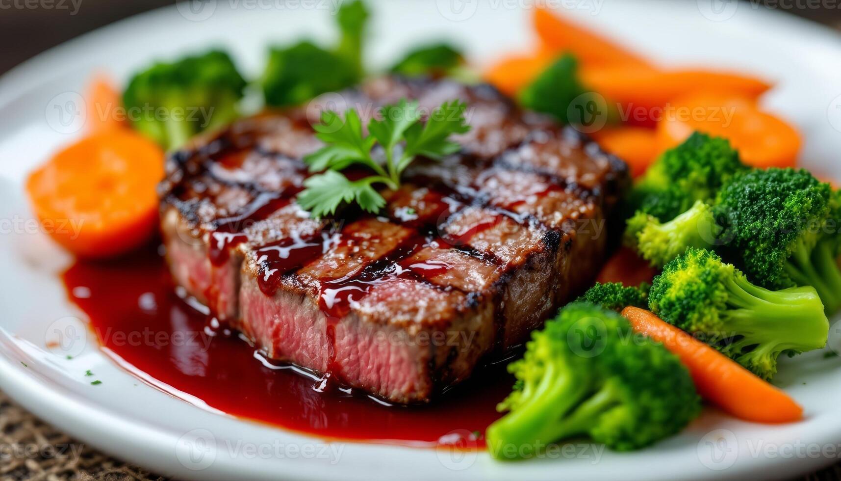 Succulent Steak with Rich Sauce, Steamed Broccoli and Roasted Carrots, a Gourmet Plate photo
