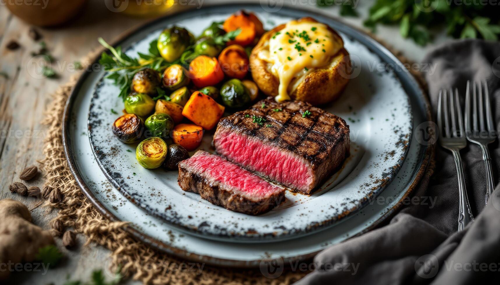 Steak Dinner with Roasted Vegetables and a Cheesy Baked Potato Ready to Enjoy photo