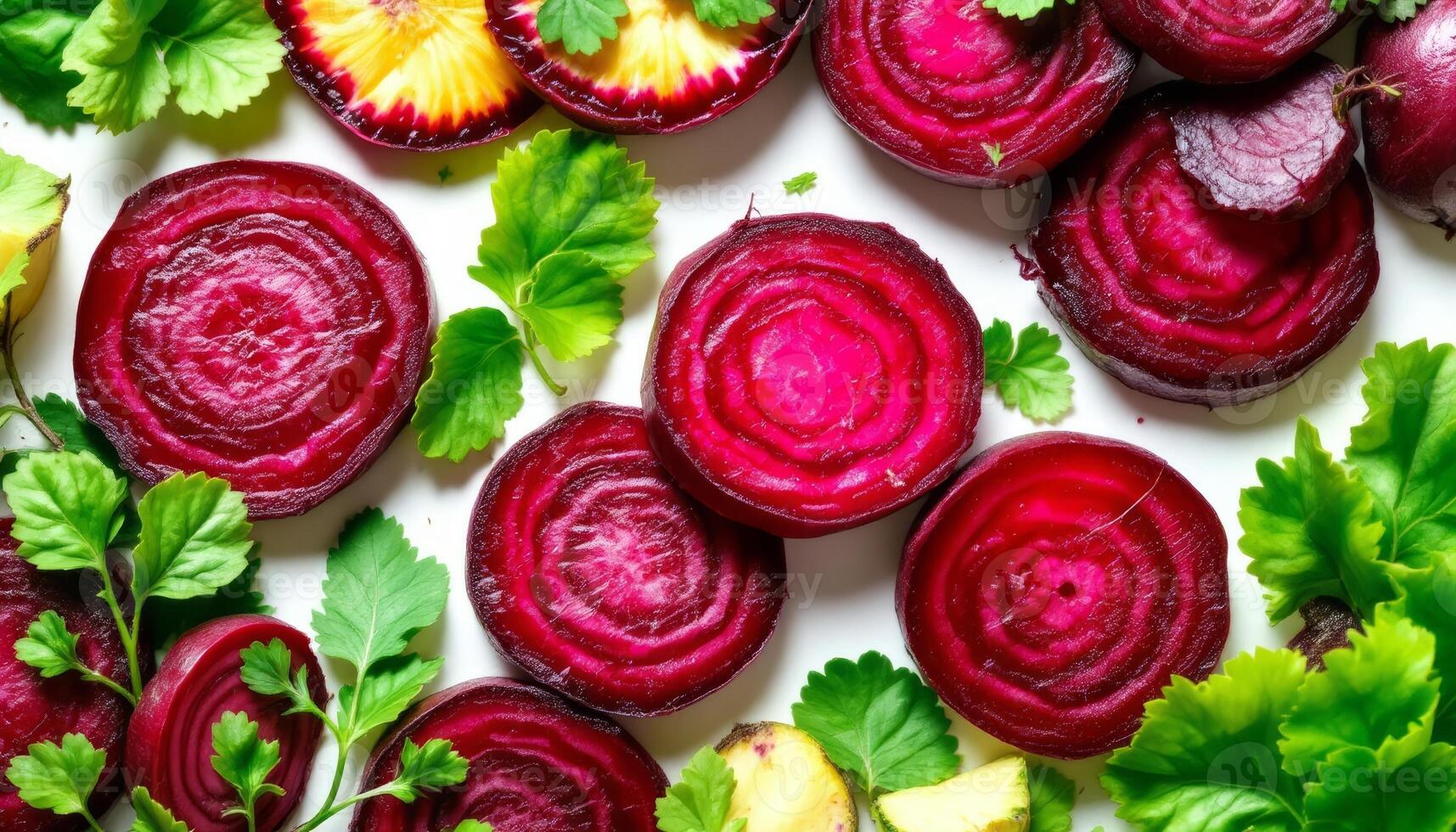 Crimson Beet Slices with Fresh Green Leaves a Vibrant and Healthy Still Life Composition photo