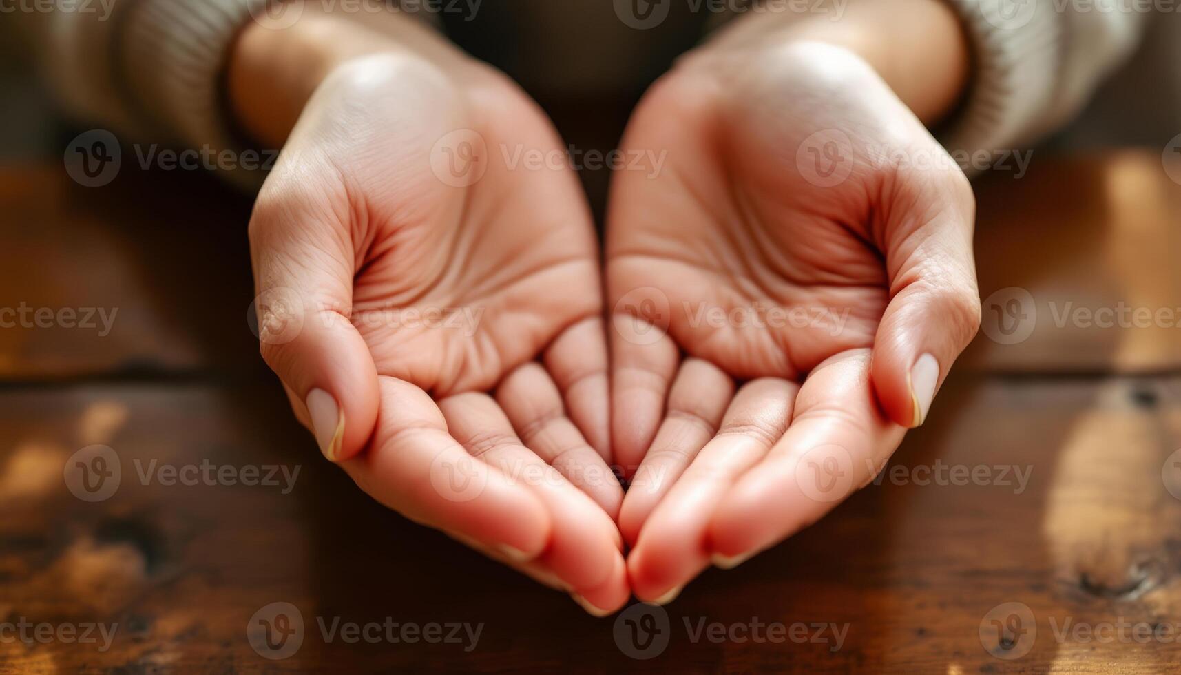 Open Hands Ready to Receive or Give with Warmth and Hope on a Wooden Surface photo