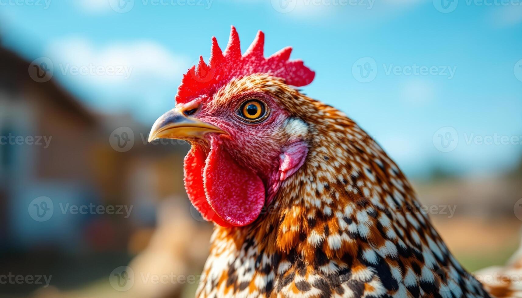 A Close-Up Portrait of a Regal Rooster with Vibrant Red Comb and Beautiful Feather Pattern photo