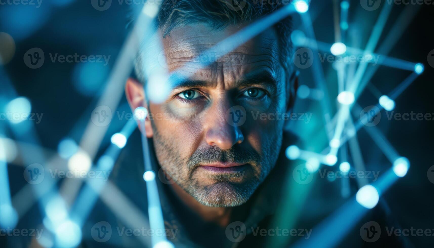 Digital Frontier, A man amidst a network of glowing data lines reflecting the digital era photo