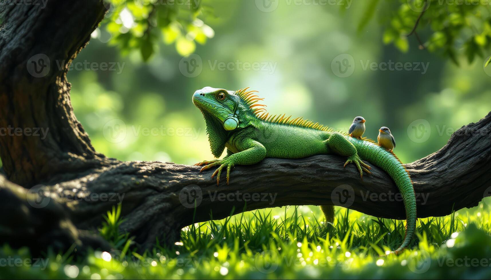 A peaceful iguana basks in sunlight with two tiny birds perched on its back in a verdant forest photo