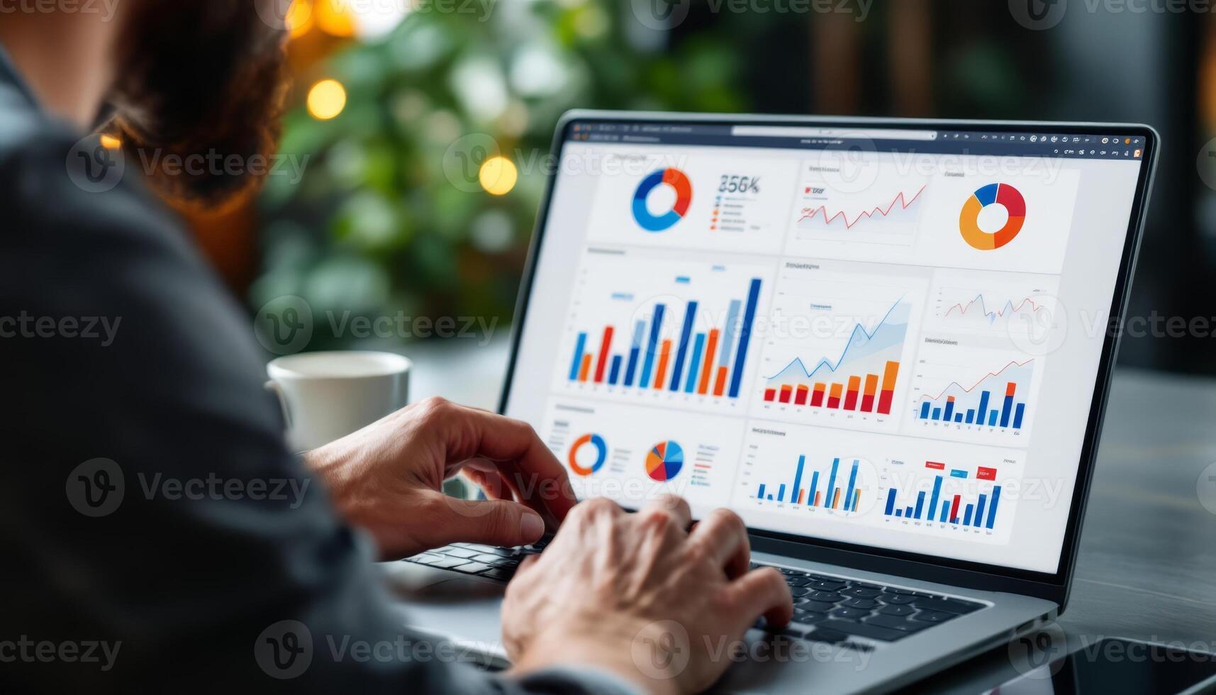 Business professional analyzes data visualization dashboards on laptop screen photo