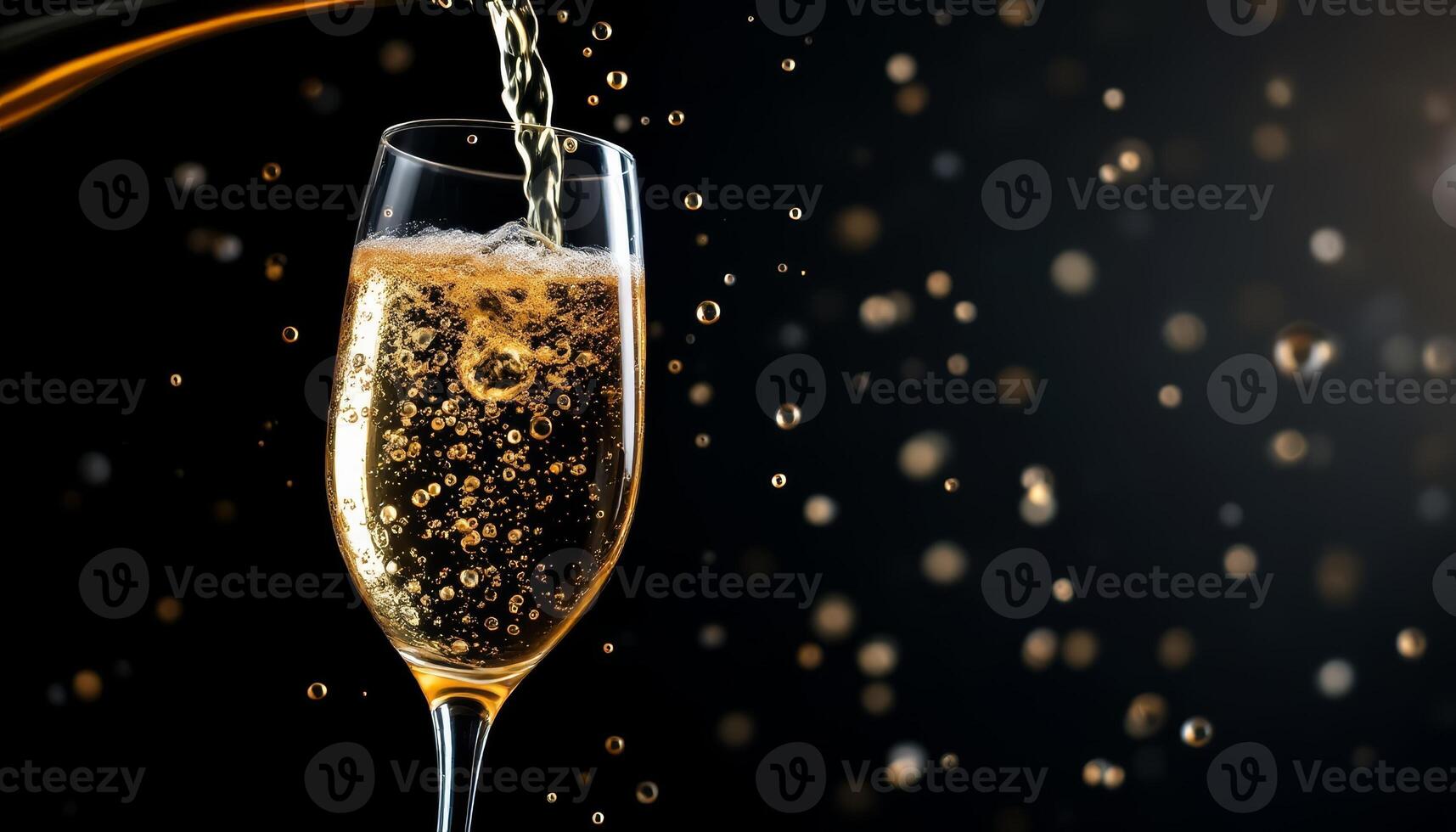 Golden Bubbles, A Festive Champagne Pour with Sparkling Bokeh Against a Dark Background photo
