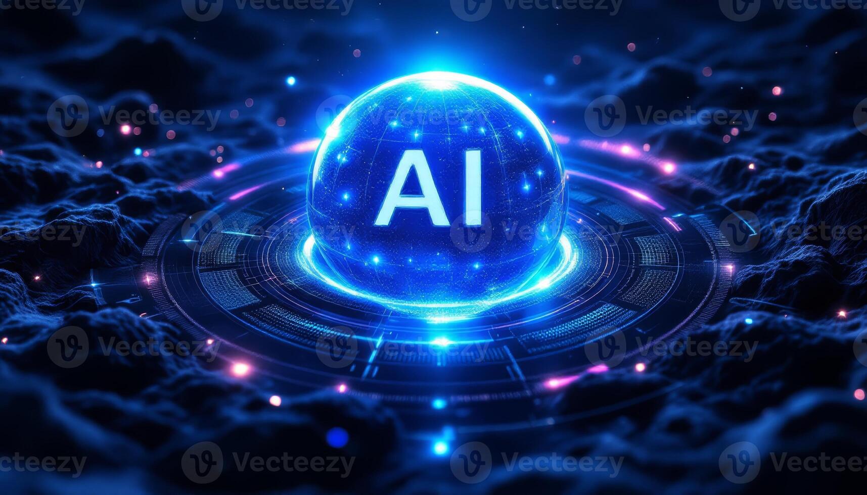 Illuminated Sphere of Artificial Intelligence Emerging from a Digital Landscape photo
