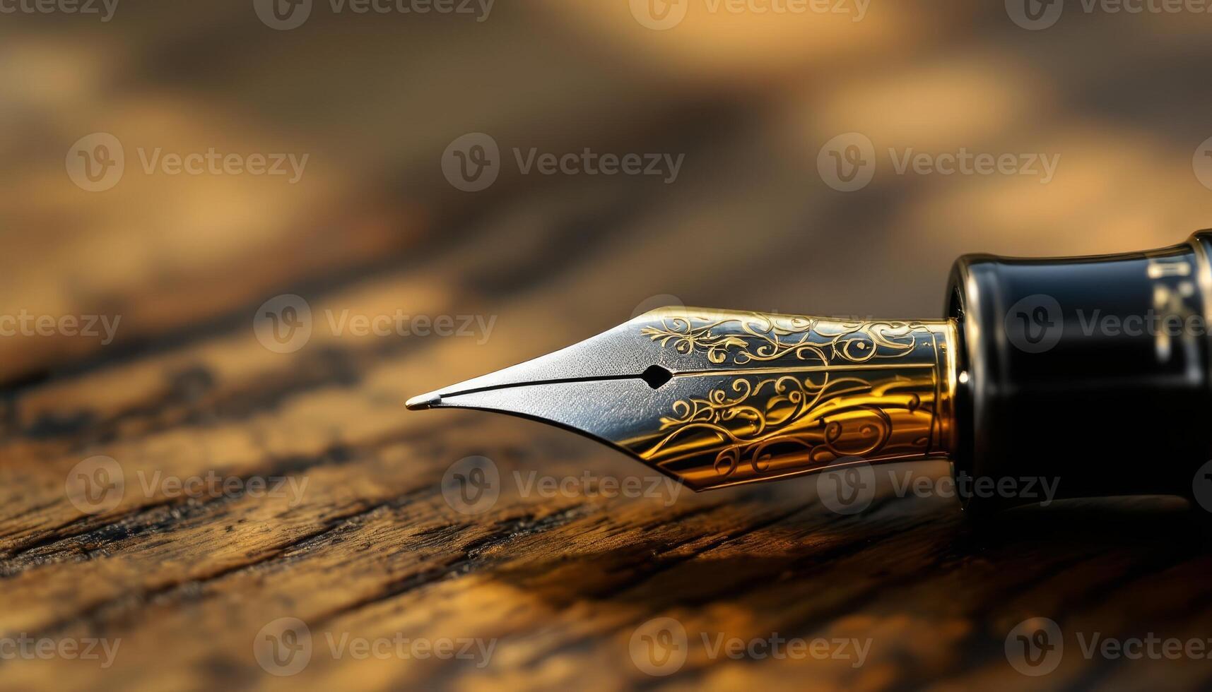 Elegant Fountain Pen Nib on Rustic Wooden Surface with Ornate Gold Detailing photo