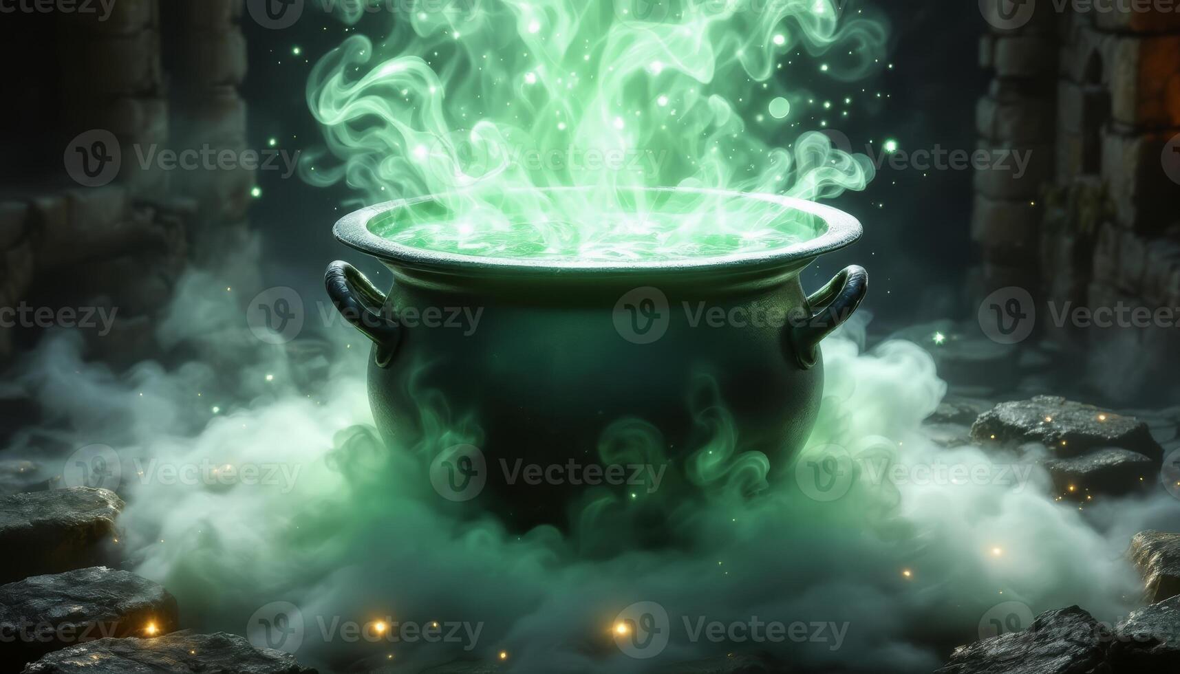 A Mystical Cauldron Bubbling with Eerie Green Magic in an Ancient Stone Chamber photo