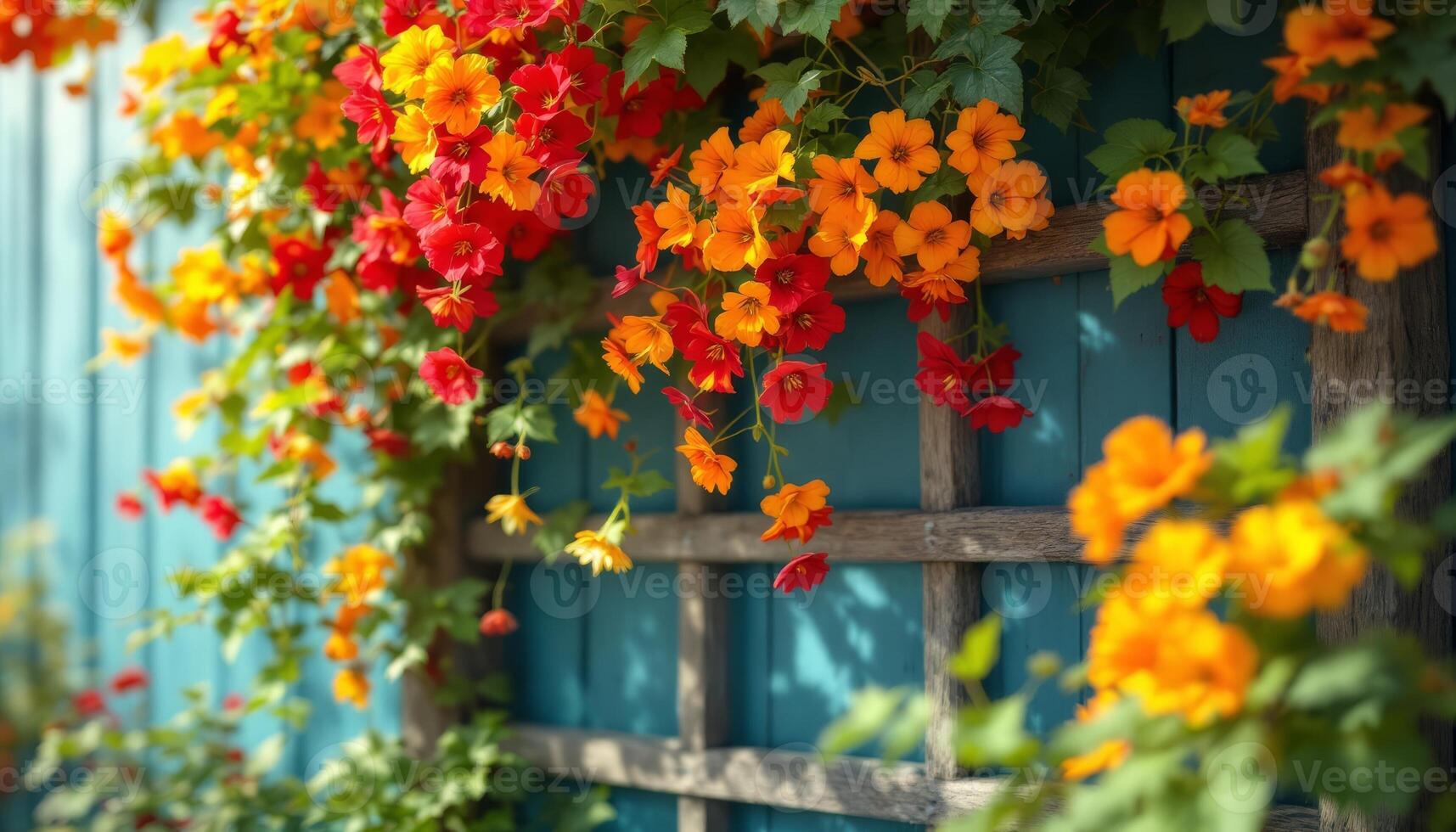 A vibrant cascade of orange and red blooms against a blue wooden trellis and lush greenery photo