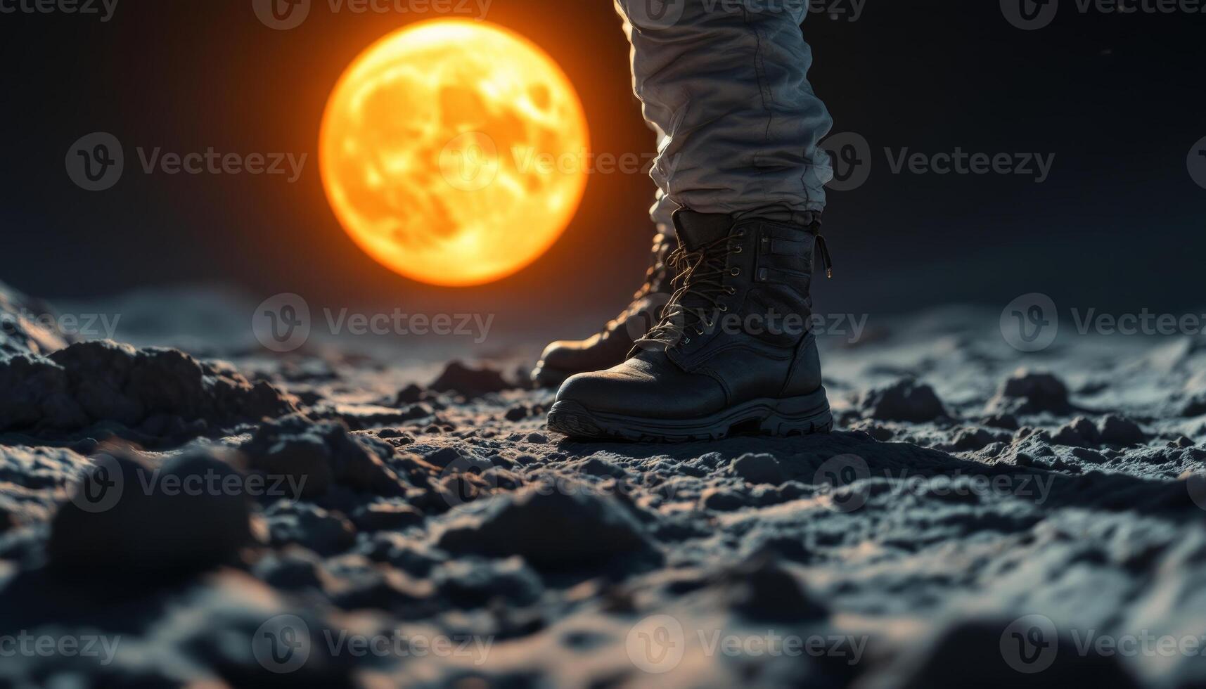 First steps on an alien world under the glow of a giant orange moon photo
