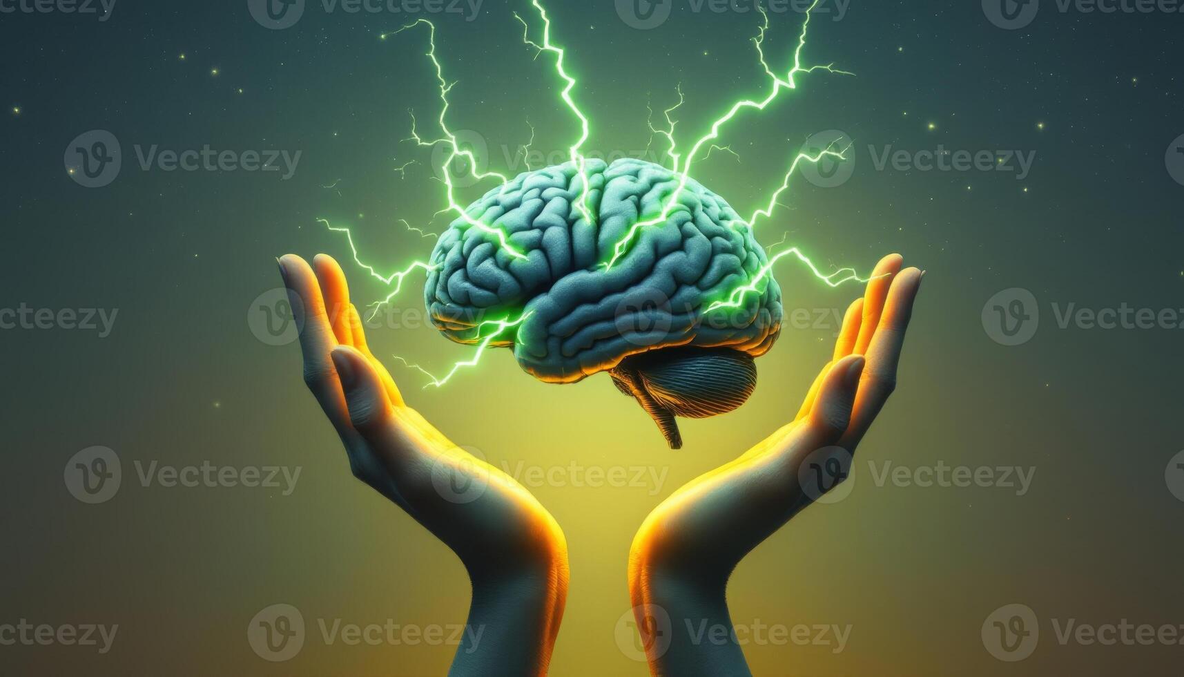 The Power Within, Hands Holding a Brain Bursting with Electrical Energy photo