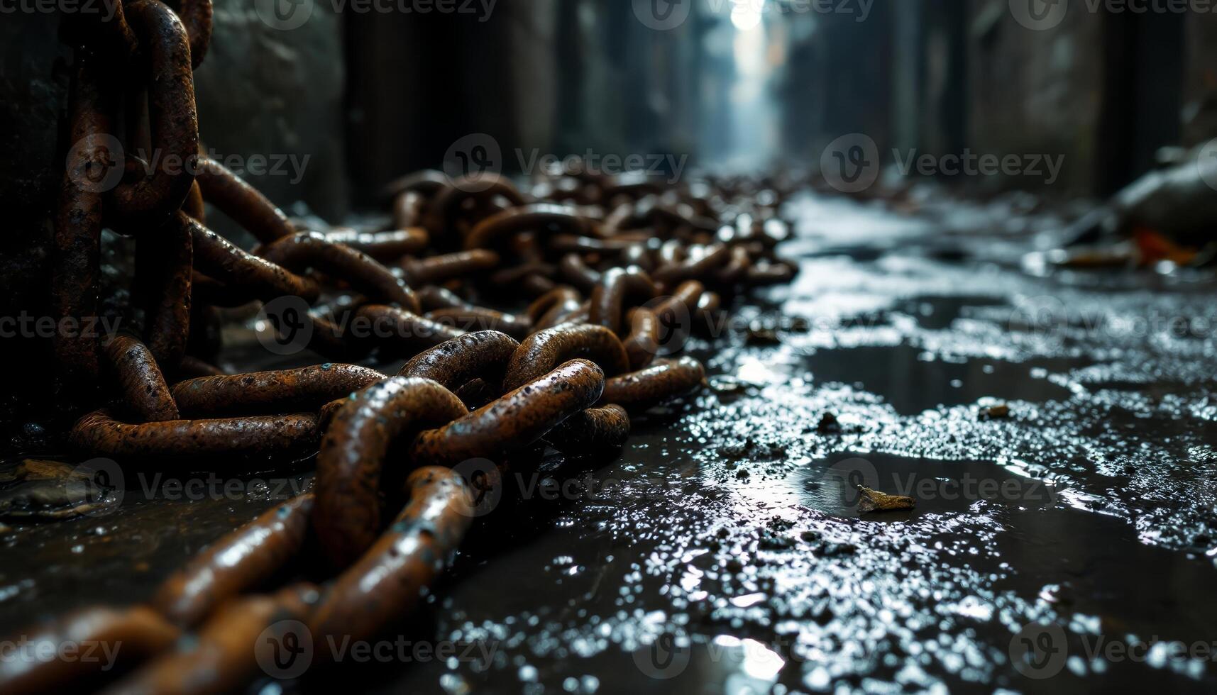 Rusty Chains Lie Abandoned in a Puddled Alleyway Reflecting an Industrial Past photo