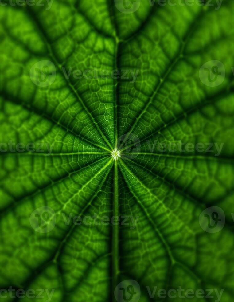 The intricate vascular network of a vibrant green leaf radiating from a central point photo