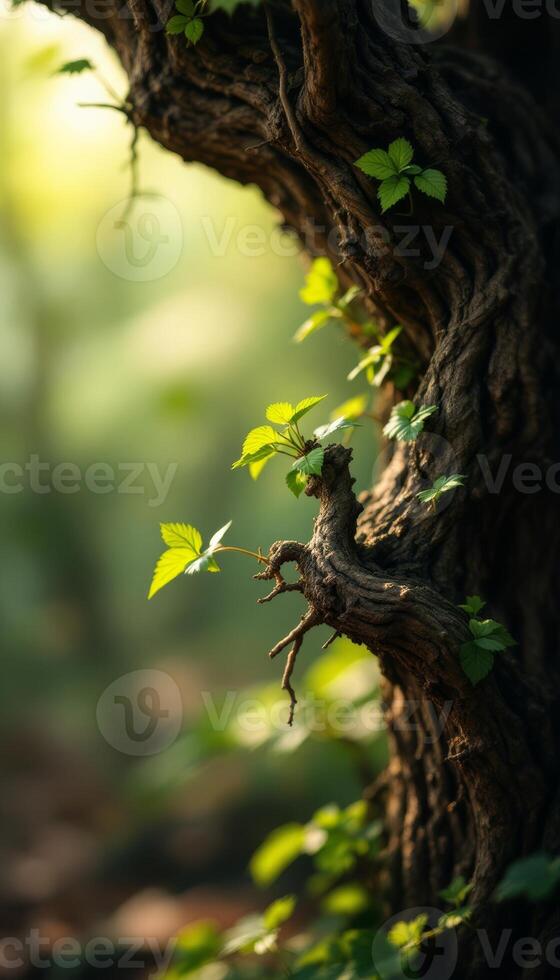 New life sprouts on an aged tree trunk in the tranquil forest sunlight photo