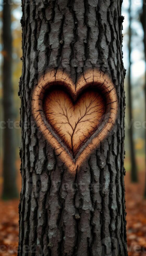 A Heart Carved in Time, Love,s Mark Etched on Ancient Tree Bark in an Autumn Forest photo