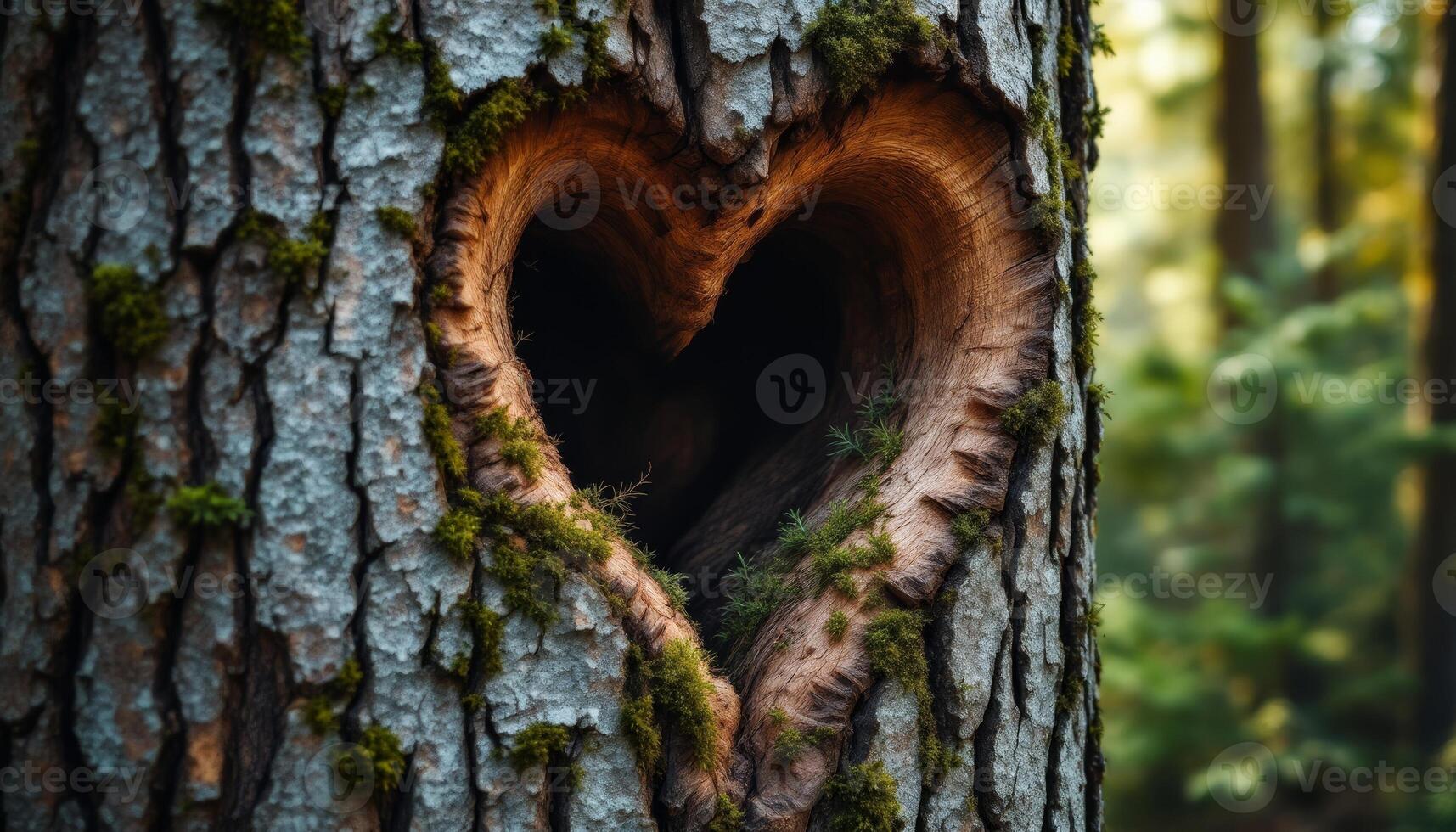 A heart-shaped hollow in an old tree trunk with mossy bark reveals nature,s loving embrace photo