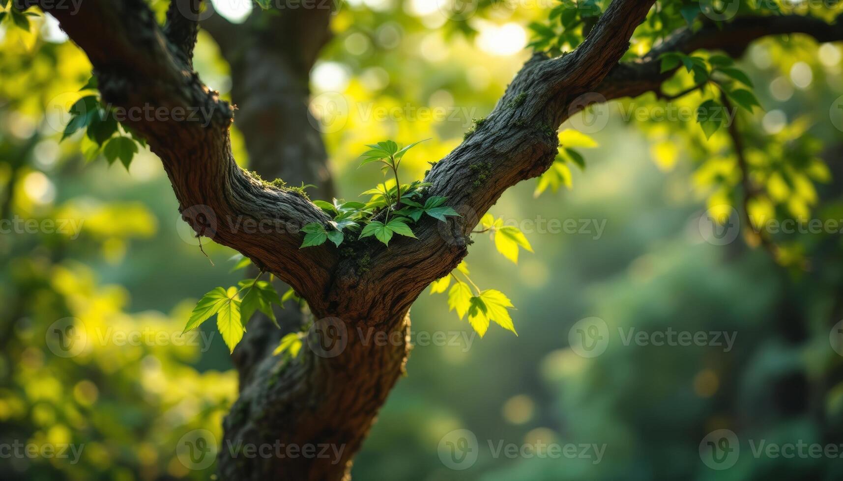 Sunlit Tree Branch with New Growth in a Soft Focus Green Forest Setting photo