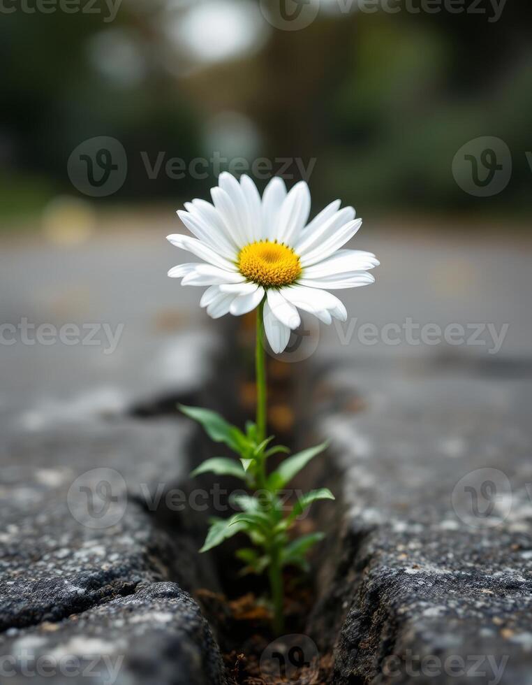 A resilient daisy emerging from a crack in the asphalt symbolizing hope and new beginnings photo