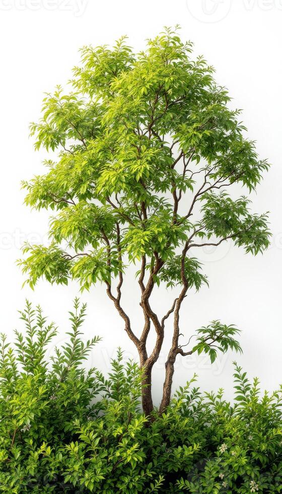 A lush green tree with vibrant leaves contrasts against a stark white background creating a natural serene image photo