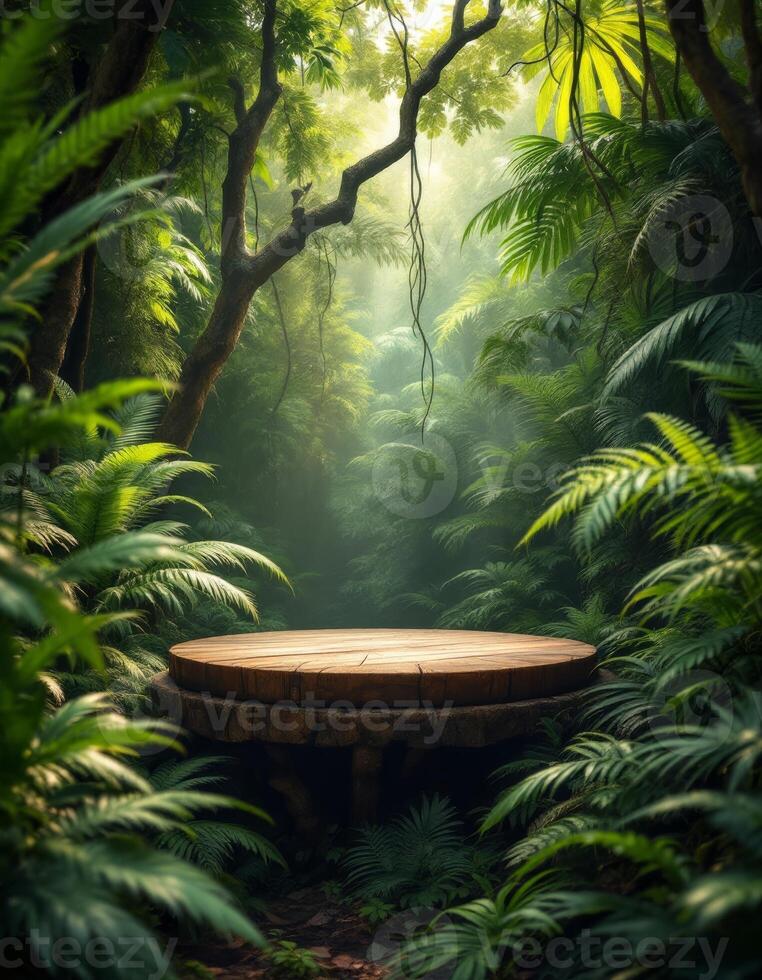 A Wooden Platform Awaits Amongst Lush Tropical Ferns and Mist-filled Rainforest Foliage photo